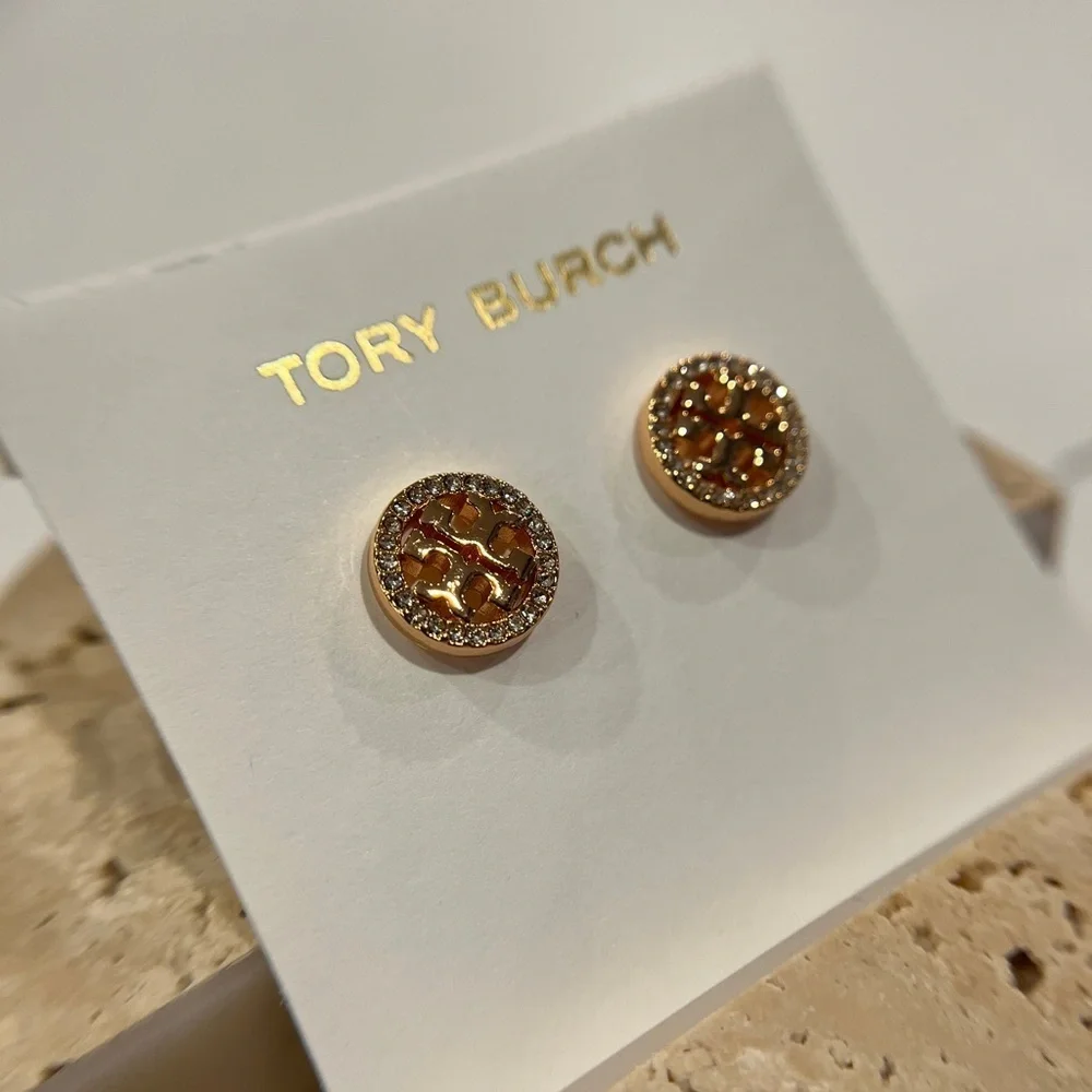 NWT Tory Burch Icon Pavé Circle Stud Earrings Rose Gold/Crystal OS Old Money